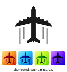 Black Plane icon isolated on white background. Flying airplane icon. Airliner sign. Set icon in color square buttons. Vector Illustration