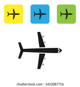 Black Plane icon isolated on white background. Flying airplane icon. Airliner sign. Set icons colorful square buttons. Vector Illustration
