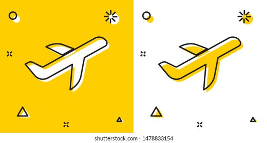 Black Plane icon isolated on yellow and white background. Flying airplane icon. Airliner sign. Random dynamic shapes. Vector Illustration