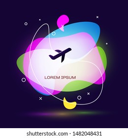 Black Plane icon isolated on dark blue background. Flying airplane icon. Airliner sign. Abstract banner with liquid shapes. Vector Illustration