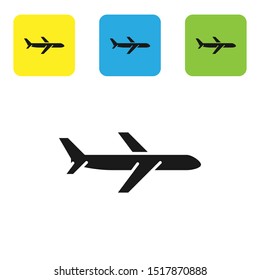 Black Plane icon isolated on white background. Flying airplane icon. Airliner sign. Set icons colorful square buttons. Vector Illustration