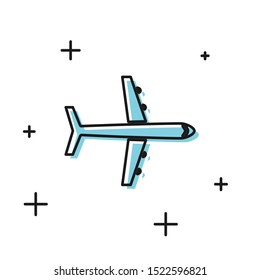 Black Plane icon isolated on white background. Flying airplane icon. Airliner sign.  Vector Illustration