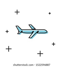 Black Plane icon isolated on white background. Flying airplane icon. Airliner sign.  Vector Illustration