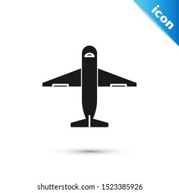 Black Plane icon isolated on white background. Delivery, transportation. Cargo delivery by air. Airplane with parcels, boxes.  Vector Illustration