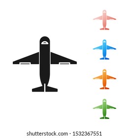 Black Plane icon isolated on white background. Delivery, transportation. Cargo delivery by air. Airplane with parcels, boxes. Set icons colorful. Vector Illustration