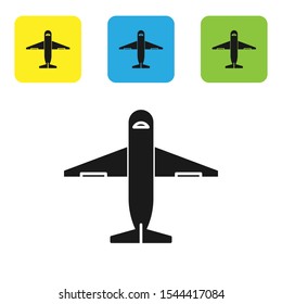 Black Plane icon isolated on white background. Delivery, transportation. Cargo delivery by air. Airplane with parcels, boxes. Set of colorful square icon buttons. Vector Illustration