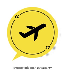 Black Plane icon isolated on white background. Flying airplane icon. Airliner sign. Yellow speech bubble symbol. Vector Illustration