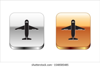 Black Plane icon isolated on white background. Delivery, transportation. Cargo delivery by air. Airplane with parcels, boxes. Silver-gold square button. Vector Illustration