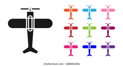 Black Plane icon isolated on white background. Flying airplane icon. Airliner sign. Set icons colorful. Vector Illustration