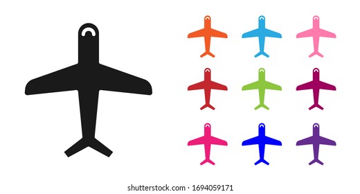 Black Plane icon isolated on white background. Flying airplane icon. Airliner sign. Set icons colorful. Vector Illustration