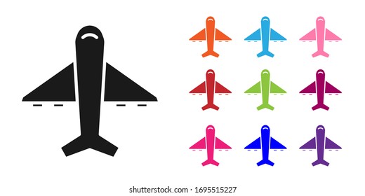 Icono de Plano Negro aislado en fondo blanco. Icono de avión volador. Signo del avión. Establecer iconos coloridos. Ilustración vectorial