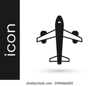 Black Plane icon isolated on white background. Flying airplane icon. Airliner sign.  Vector