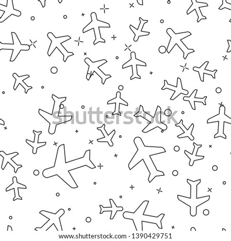 Black Plane icon isolated seamless pattern on white background. Flying airplane icon. Airliner sign. Vector Illustration