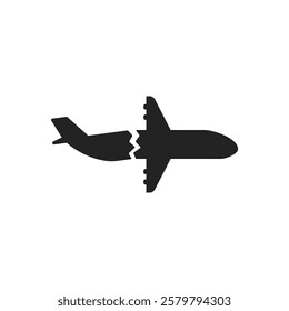 black plane icon like crash or accident in air. simple flat trend modern abstract logotype graphic art design element isolated on white. concept of big aircraft damage or fuselage disaster pictogram