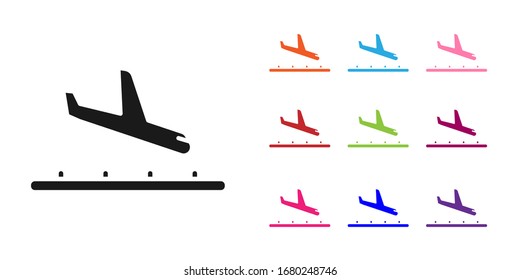 Black Plane landing icon isolated on white background. Airplane transport symbol. Set icons colorful. Vector Illustration
