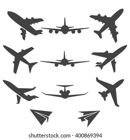 Black plane pictograms on white background. Vector illustration