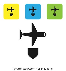 Black Plane with shield icon isolated on white background. Flying airplane. Airliner insurance. Security, safety, protection, protect concept. Set of colorful square icon buttons. Vector Illustration