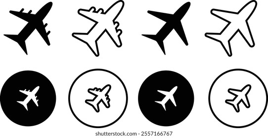 Black Plane Solid and Outline Icon with Circle Version