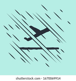 Black Plane takeoff icon isolated on green background. Airplane transport symbol. Glitch style. Vector Illustration