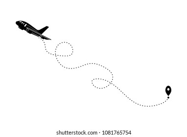 Black plane and its track on the white background. Vector illustration