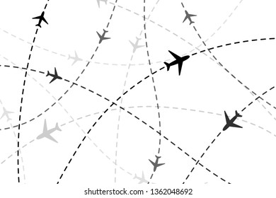 A lot of black planes on dashed traces on white background