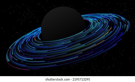 Black Planet with Blue Rings. Black Hole Background. Universe and Starry Concept. Minimal Art Style Vector Space Illustration.