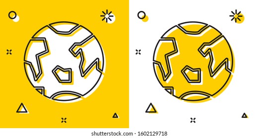 Black Planet Earth icon isolated on yellow and white background. Random dynamic shapes. Vector Illustration