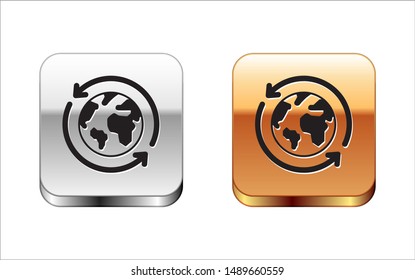 Black Planet earth and a recycling icon isolated on white background. Environmental concept. Silver-gold square button. Vector Illustration