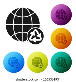 Black Planet earth and a recycling icon isolated on white background. Environmental concept. Set icons colorful circle buttons. Vector Illustration