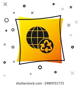 Black Planet earth and a recycling icon isolated on white background. Environmental concept. Yellow square button. Vector