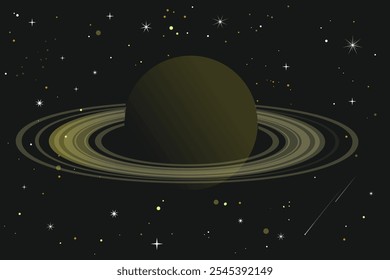 Un planeta negro con anillos dorados brillando en el espacio como símbolo del misterio y la profundidad de los cuerpos cósmicos. Sombra de Saturno