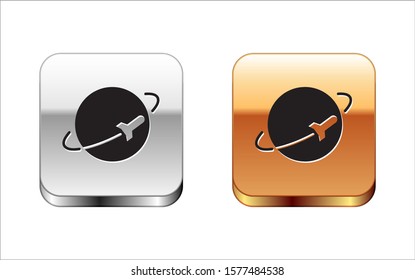 Black Planet icon isolated on white background. Silver-gold square button. Vector Illustration