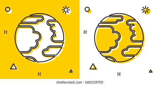 Black Planet Mercury icon isolated on yellow and white background. Random dynamic shapes. Vector Illustration