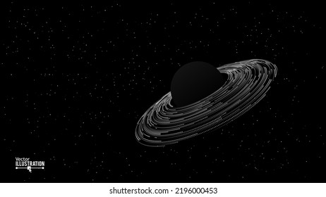 Schwarzer Planet mit Ringen. schwarzer Hole-Hintergrund. Universum und Sternenkonzept. Minimale Kunststil-Vektorgrafik.