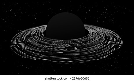 Black Planet with Rings. Black Hole Background. Universe and Starry Concept. Minimal Art Style Vector Space Illustration.