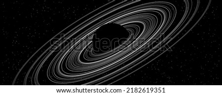 Black Planet with Rings. Black Hole Background. Universe and Starry Concept. Minimal Art Style Vector Space Illustration.