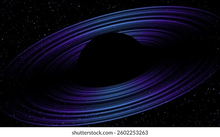 Black Planet with Rings. Black Space. Black Hole Background. Universe and Starry Concept. Minimal Vector Illustration.