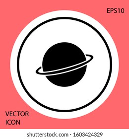 Black Planet Saturn with planetary ring system icon isolated on red background. White circle button. Vector Illustration