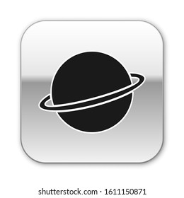 Black Planet Saturn with planetary ring system icon isolated on white background. Silver square button. Vector Illustration