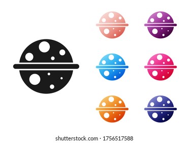 Saturno de planeta negro con icono del sistema de anillo planetario aislado en fondo blanco. Indique los iconos en colores. Ilustración vectorial