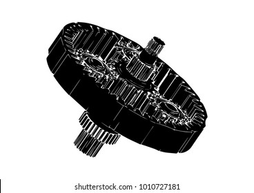 black planetary gear on a white background