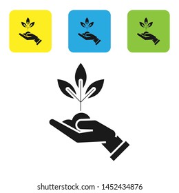 Black Plant in hand of environmental protection icon isolated on white background. Seed and seedling. Planting sapling. Ecology concept. Set icons colorful square buttons. Vector Illustration