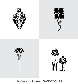 Black Plant and Leaf Icon Vector Set – Silhouette Botanical Elements with Floral, Leaves, and Nature Shapes – Simple Natural Clip Art for Decoration, Graphic Design, and Illustrations