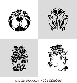 Black Plant and Leaf Icon Vector Set – Silhouette Botanical Elements with Floral, Leaves, and Nature Shapes – Simple Natural Clip Art for Decoration, Graphic Design, and Illustrations