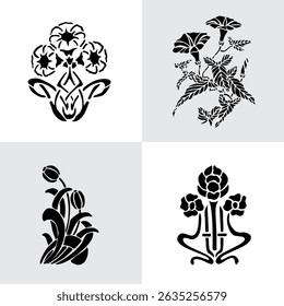 Black Plant and Leaf Icon Vector Set – Silhouette Botanical Elements with Floral, Leaves, and Nature Shapes – Simple Natural Clip Art for Decoration, Graphic Design, and Illustrations