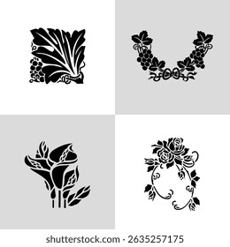 Black Plant and Leaf Icon Vector Set – Silhouette Botanical Elements with Floral, Leaves, and Nature Shapes – Simple Natural Clip Art for Decoration, Graphic Design, and Illustrations