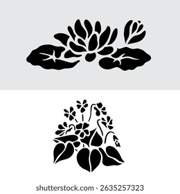 Black Plant and Leaf Icon Vector Set – Silhouette Botanical Elements with Floral, Leaves, and Nature Shapes – Simple Natural Clip Art for Decoration, Graphic Design, and Illustrations