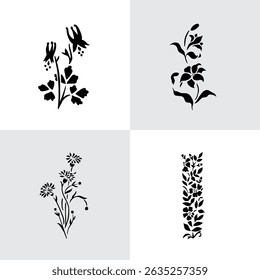 Black Plant and Leaf Icon Vector Set – Silhouette Botanical Elements with Floral, Leaves, and Nature Shapes – Simple Natural Clip Art for Decoration, Graphic Design, and Illustrations