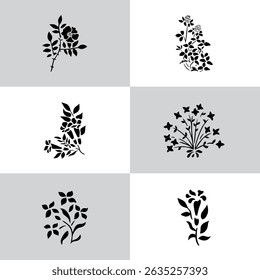 Black Plant and Leaf Icon Vector Set – Silhouette Botanical Elements with Floral, Leaves, and Nature Shapes – Simple Natural Clip Art for Decoration, Graphic Design, and Illustrations
