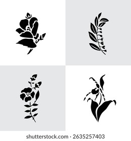 Black Plant and Leaf Icon Vector Set – Silhouette Botanical Elements with Floral, Leaves, and Nature Shapes – Simple Natural Clip Art for Decoration, Graphic Design, and Illustrations
